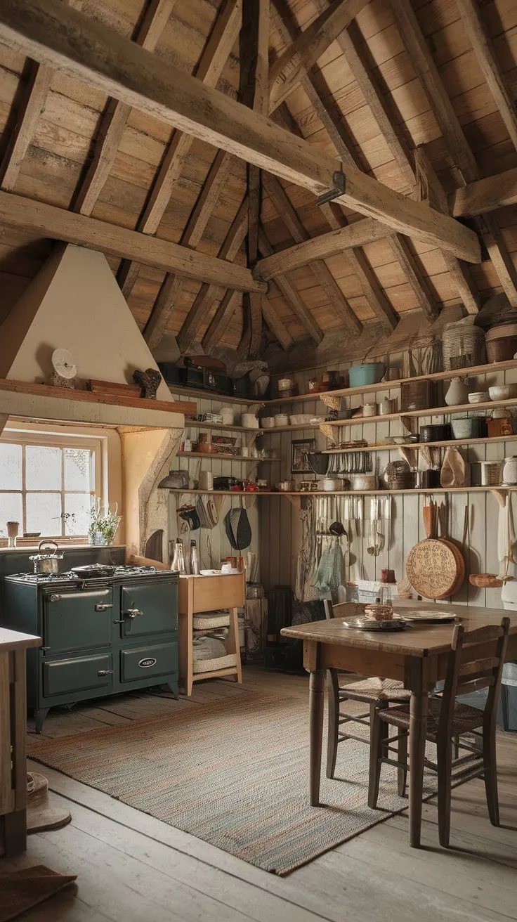 This rustic farmhouse kitchen, featuring a wooden ceiling and vintage range, perfectly embodies the charm of farmhouse style houses with its warm atmosphere and barn-style design.