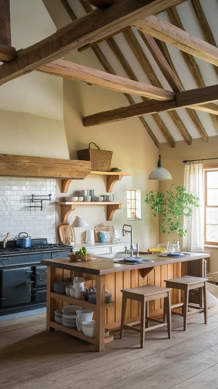With its wooden beams, vintage stove, and inviting island, this rustic farmhouse kitchen embodies the essence of farmhouse style house design in a cozy country kitchen setting.