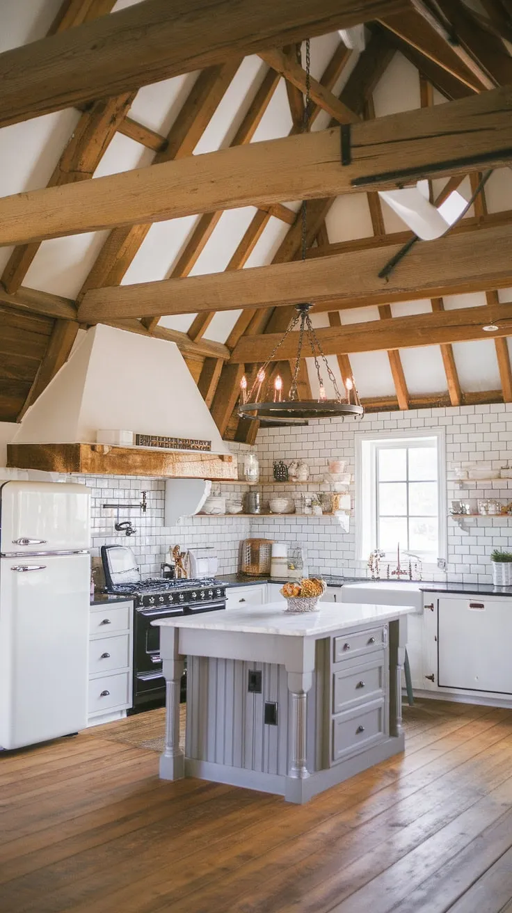 With its wooden beam ceiling and rustic chandelier, this farmhouse kitchen design captures the essence of a country kitchen in a stunning barn-style house.