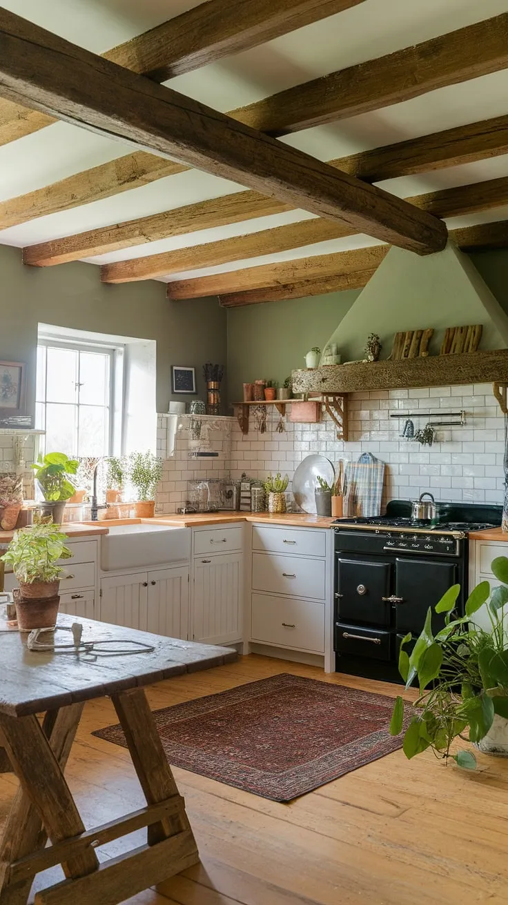 The rustic farmhouse kitchen showcases a barn-style house aesthetic with its wooden beam ceiling, white cabinets, and a cozy rustic table, perfectly embodying the warmth of farmhouse style house and country kitchen design.