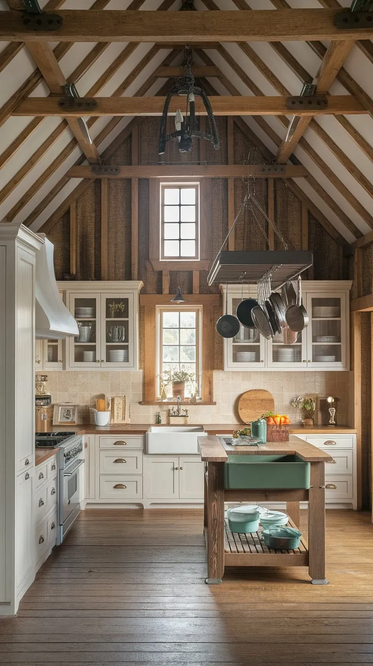 This rustic farmhouse kitchen, featuring a wooden beam ceiling, white cabinets, and a charming wooden island with a green sink, perfectly embodies the essence of farmhouse style house design.