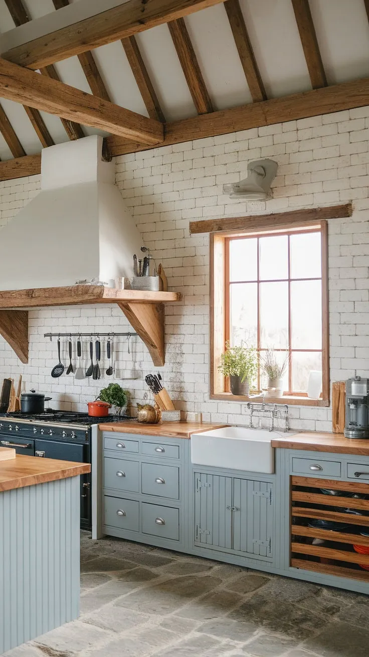 With its wooden countertops, stone floor, and herb plant by the window, this rustic farmhouse kitchen is an ideal inspiration for a kitchen remodel in a farmhouse style house.