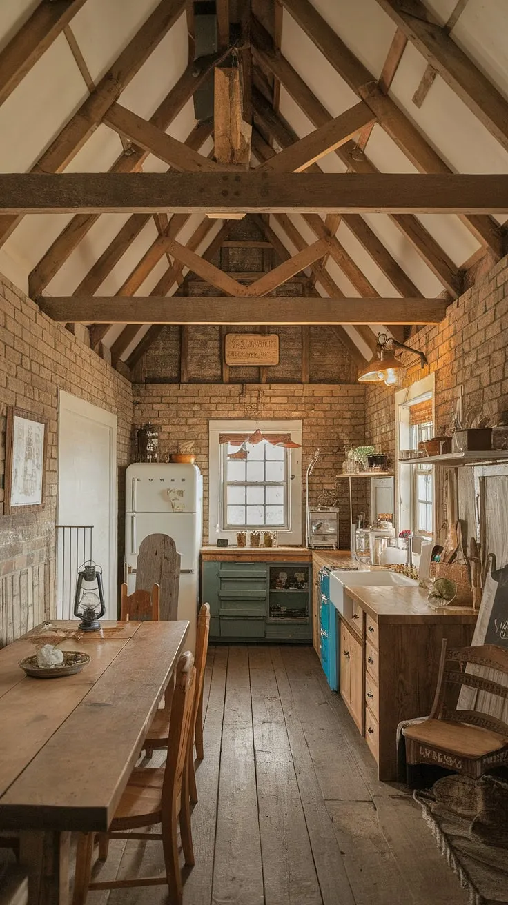 This rustic farmhouse kitchen, featuring a barn-style house, showcases a warm ambiance with wooden beams, exposed brick, and vintage decor, perfect for a charming kitchen remodel.