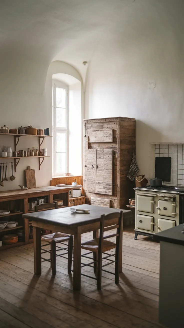 This rustic farmhouse kitchen features a wooden table, vintage stove, and charming shelves, perfectly embodying the essence of farmhouse style house and country kitchen design.