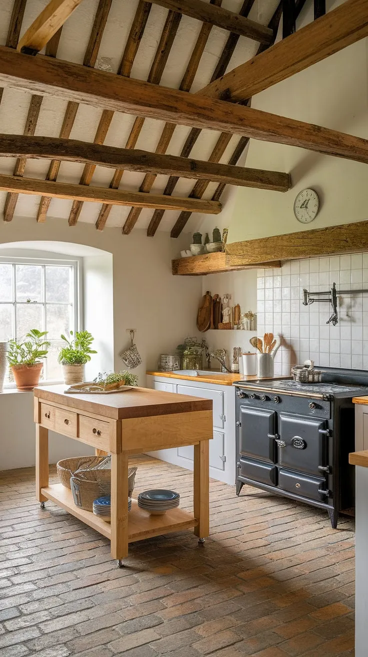 This rustic farmhouse kitchen, featuring a wooden beam ceiling and butcher block island, perfectly embodies farmhouse kitchen design in a charming barn style house.