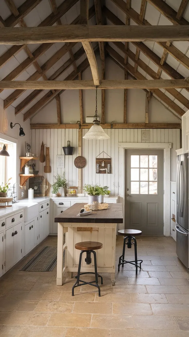 With its vintage light fixture and inviting decor, this rustic farmhouse kitchen embodies the essence of farmhouse style house design in a beautiful barn-style setting.