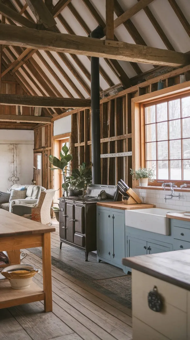 With its wooden island, farmhouse sink, and worn wooden planks, this kitchen remodel captures the essence of dapur rustic and farmhouse kitchen design.
