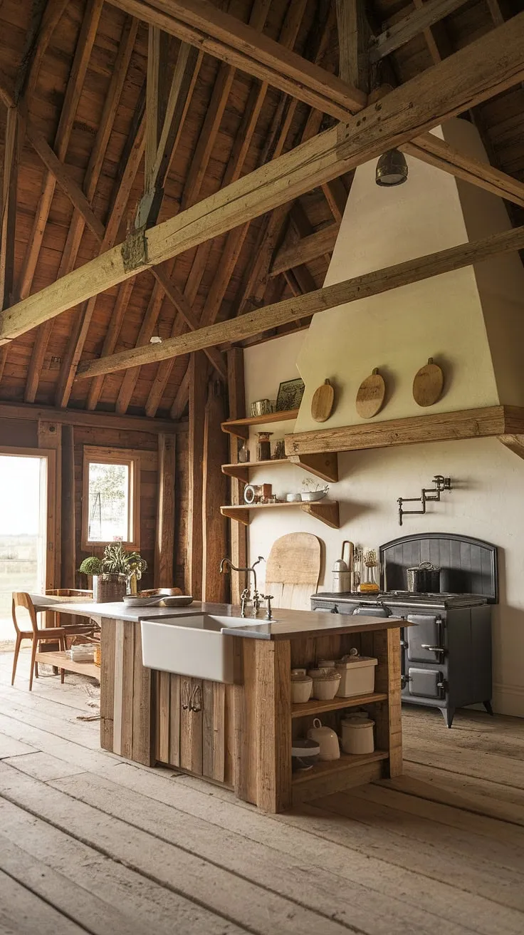 With its worn wooden planks and barn-style accents, this rustic farmhouse kitchen is an ideal inspiration for a cozy country kitchen remodel.