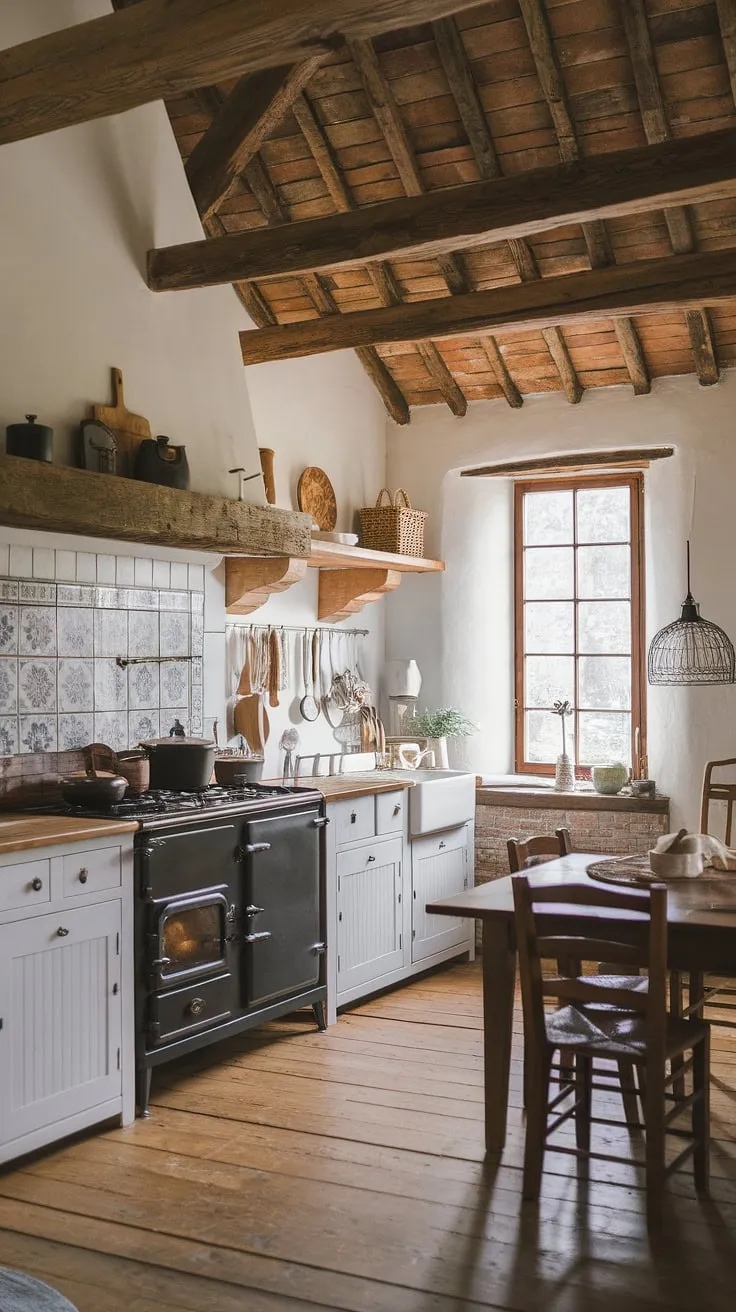 This rustic farmhouse kitchen, featuring a wooden beam ceiling and decorative tile, perfectly embodies the charm of farmhouse style houses and country kitchens.