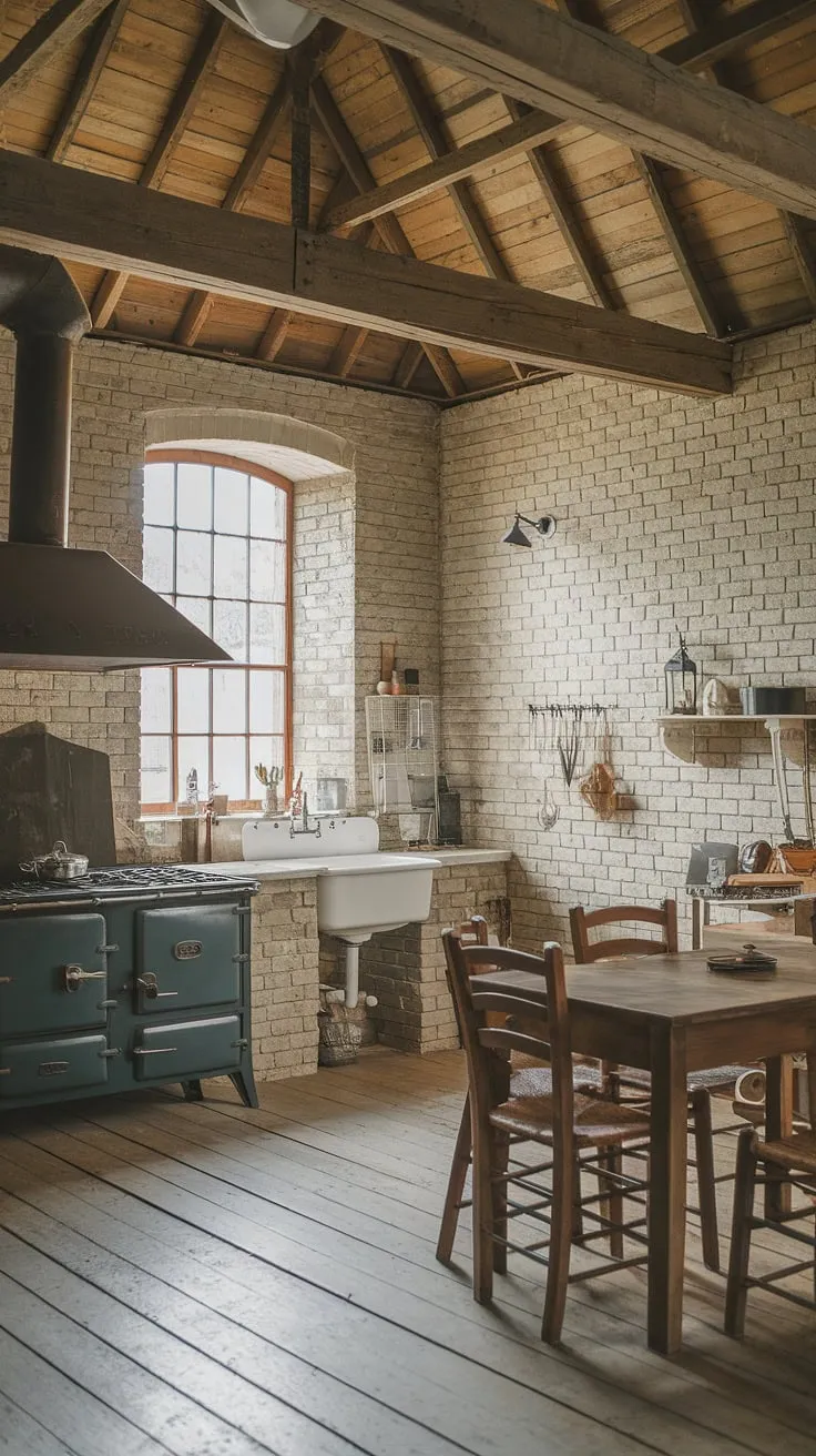 This rustic farmhouse kitchen, featuring a barn style house, showcases a charming design with wooden beams, exposed brick, and vintage elements perfect for a country kitchen remodel.