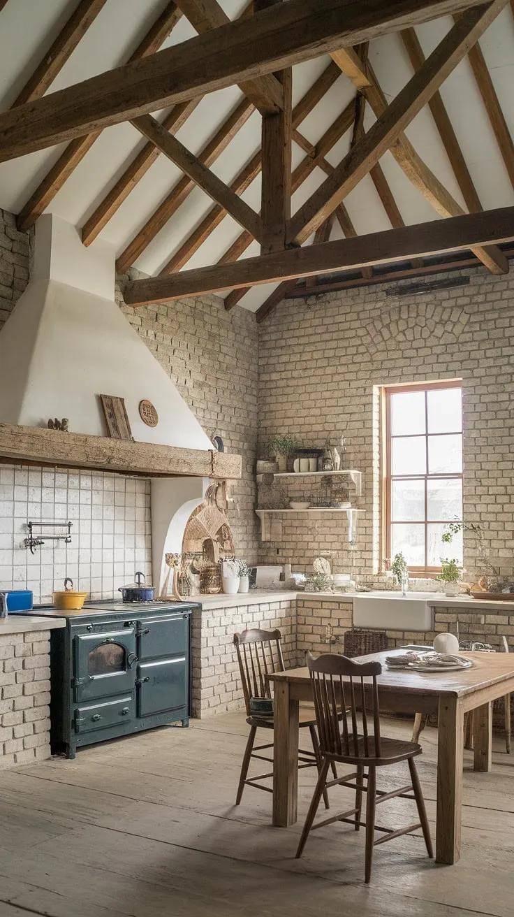 The rustic farmhouse kitchen, adorned with a wooden beam ceiling and vintage oven, embodies the essence of farmhouse style house design in a cozy barn style setting.