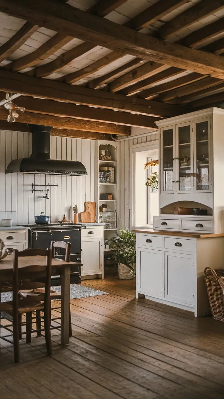 This rustic farmhouse kitchen features a wooden beam ceiling, white cabinets, and a black range hood, creating a warm and inviting atmosphere perfect for a country kitchen remodel.