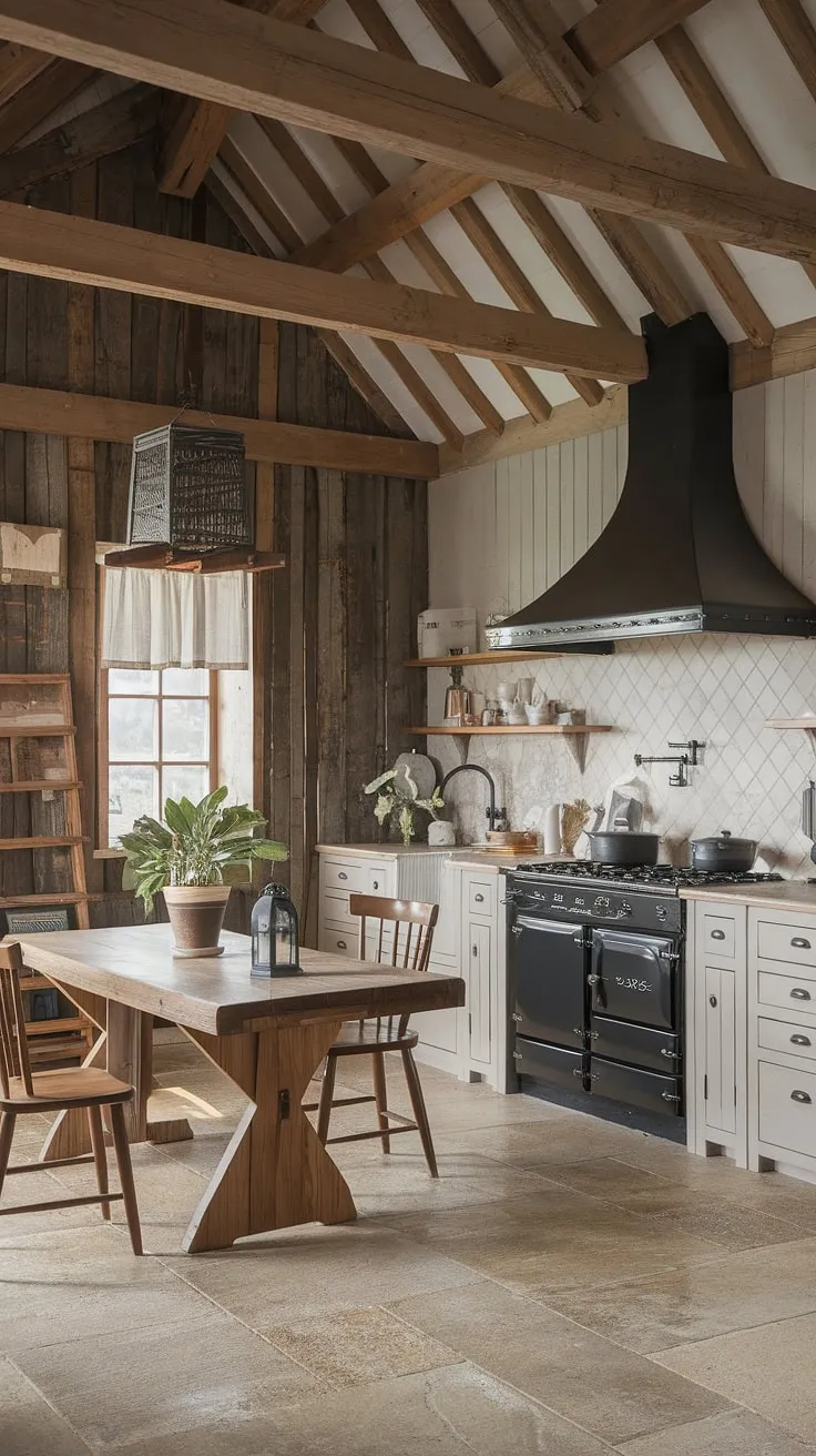 This rustic farmhouse kitchen, featuring a wooden beam ceiling and barn-style elements, beautifully captures the essence of farmhouse kitchen design with its white cabinets and cozy decor.