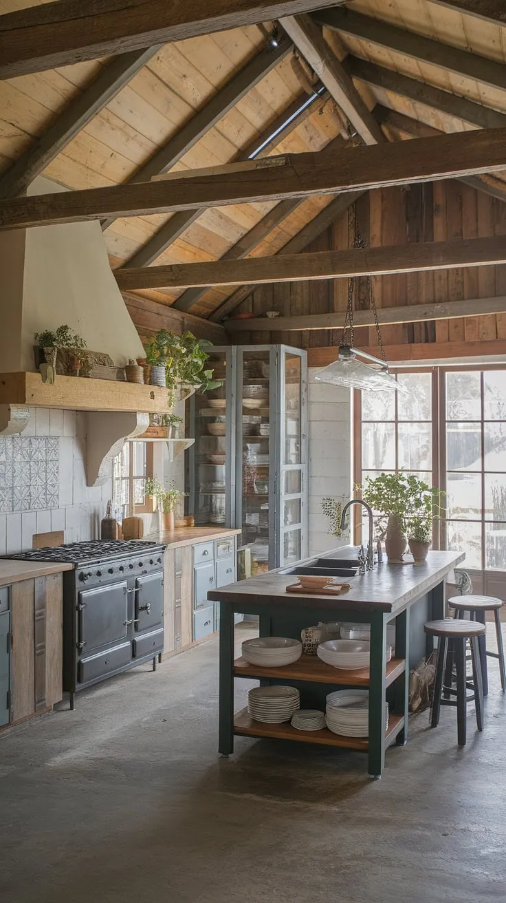 This rustic farmhouse kitchen, featuring a wooden ceiling, exposed beams, and a vintage range, perfectly embodies farmhouse kitchen design with its barn-style house charm and country kitchen elements.