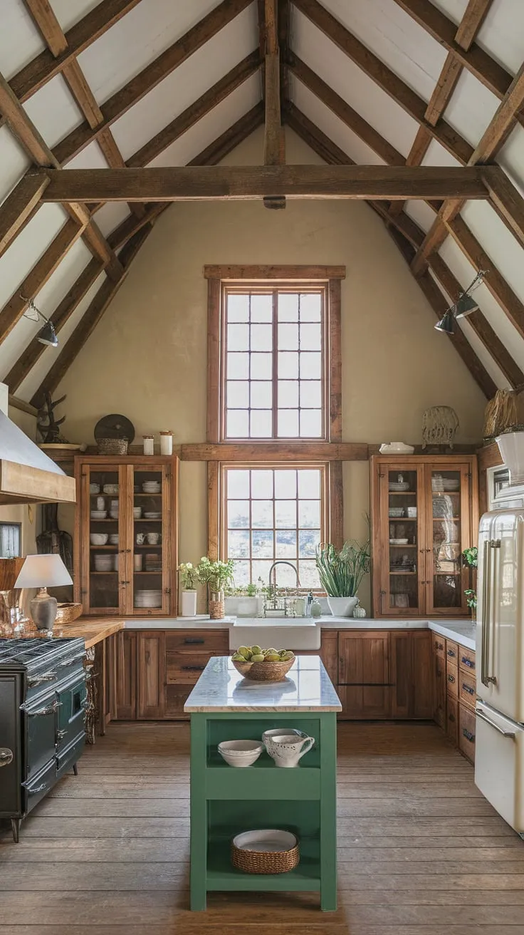 With its wooden beam ceiling and cozy decor, this country kitchen showcases the perfect kitchen remodel for a rustic farmhouse aesthetic.