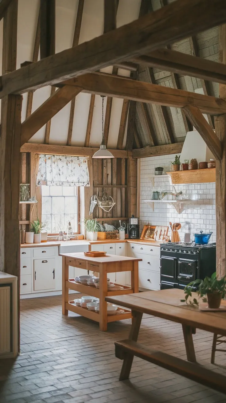 With its earthy ambiance, white cabinets, and rustic decor, this country kitchen is an ideal inspiration for a kitchen remodel in a farmhouse style house.