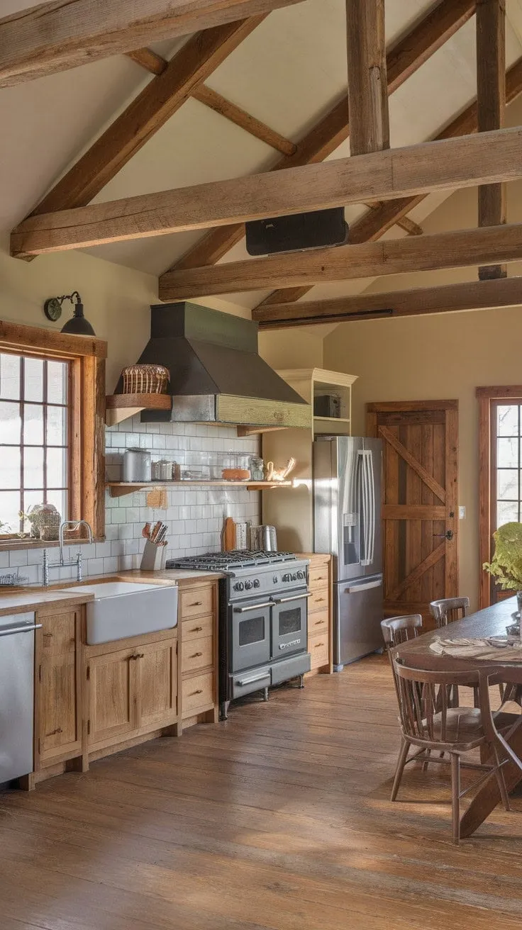 This farmhouse kitchen beautifully fuses rustic charm with modern convenience, featuring exposed beams and a farmhouse sink alongside sleek, updated appliances.