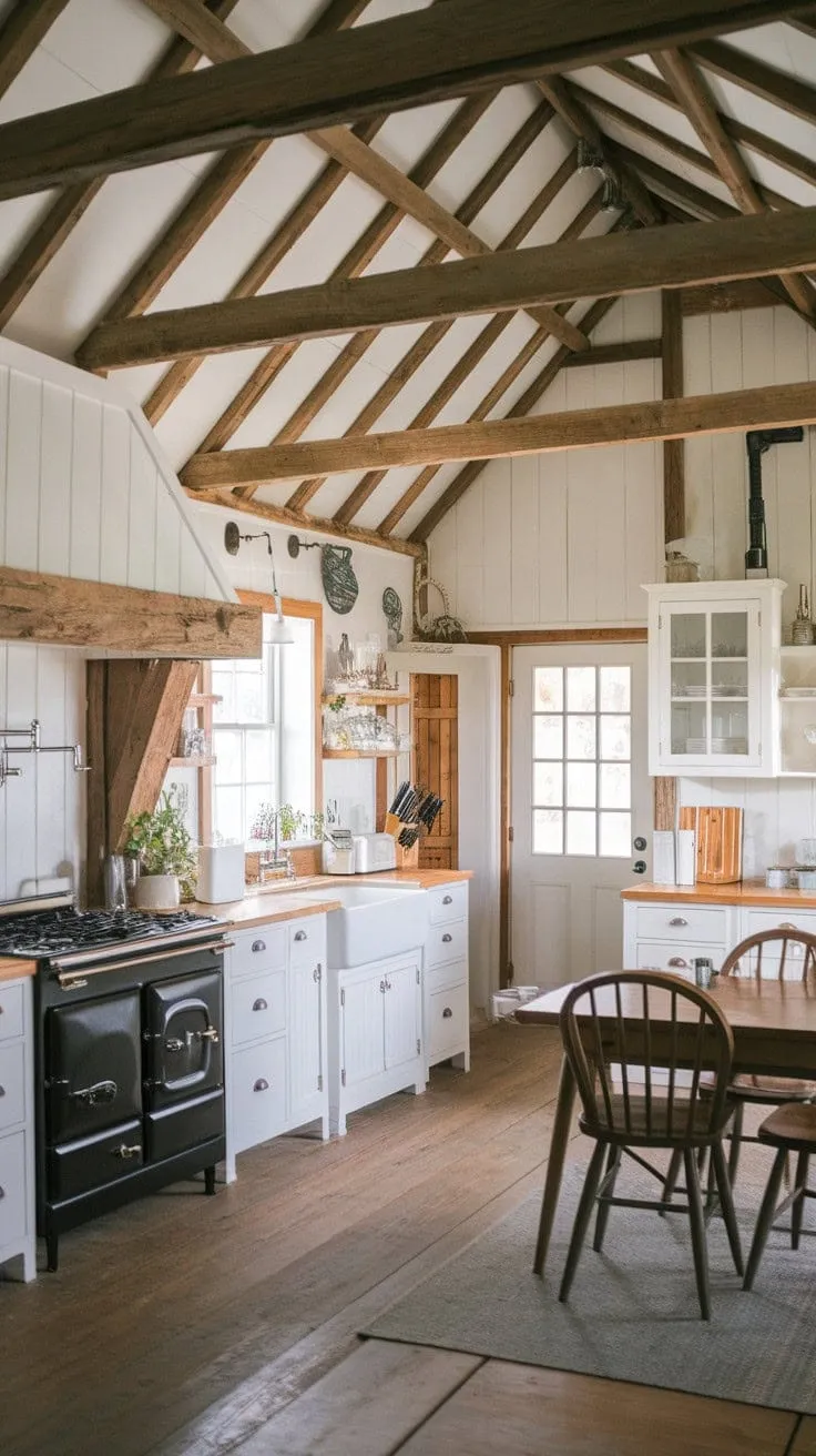 This rustic farmhouse kitchen exudes warmth and charm, where the delightful scents of fresh bread and the elegance of aged wood beams harmonize in a perfect blend of old-world allure and modern practicality.
