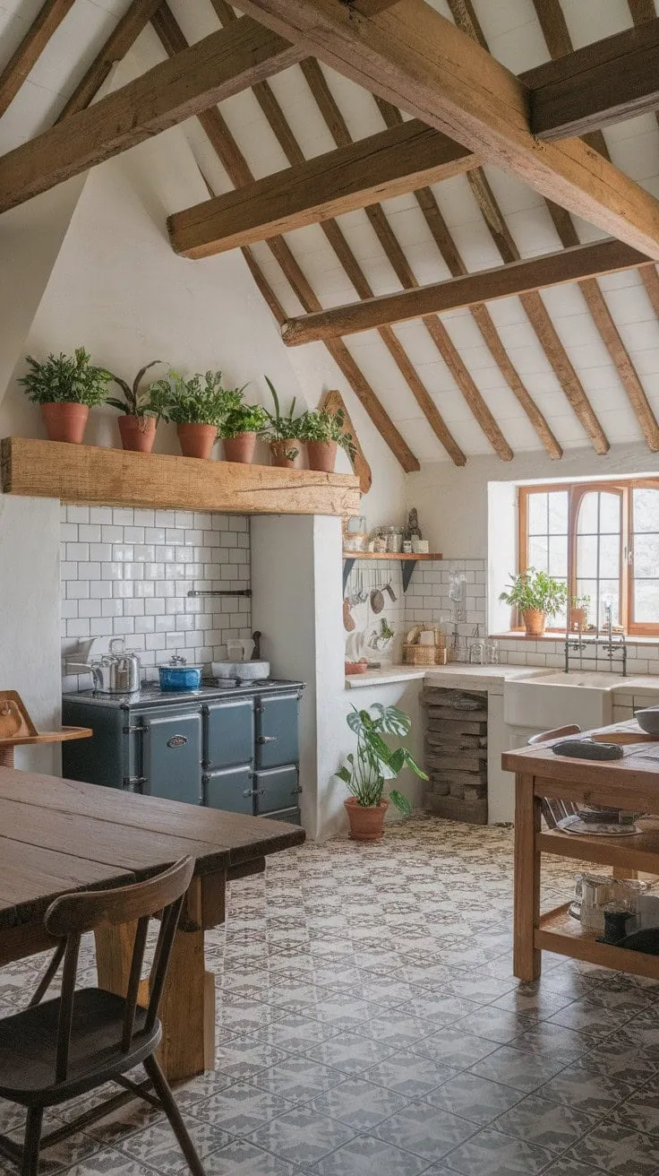 In this sunlit kitchen, the echoes of generations blend with the warmth of worn wood and a vintage stove, creating a haven for cherished memories and simple joys.