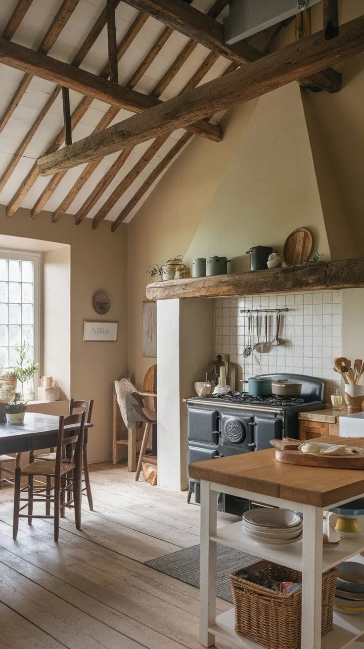 In this rustic farmhouse kitchen, the inviting warmth of home-baked bread and woodsmoke intertwines with the whispers of aged beams and vintage charm, crafting a timeless haven for cherished memories.
