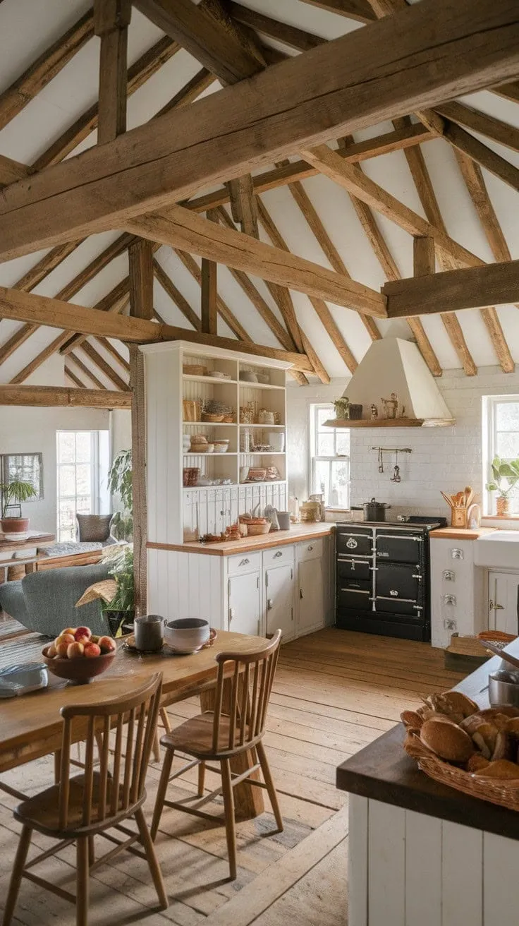 In this farmhouse kitchen, rustic wooden beams harmonize with sleek white cabinets, crafting a cozy yet modern space for culinary creativity.