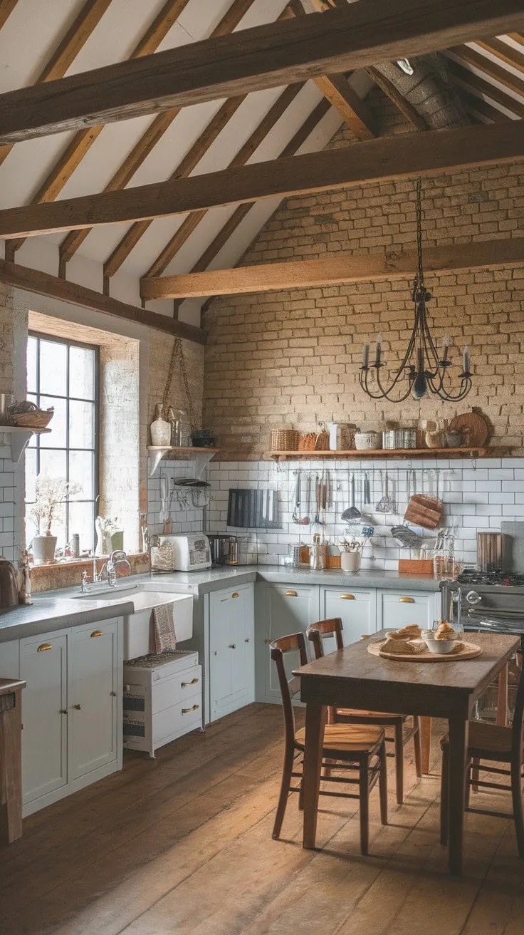 This farmhouse kitchen blends rustic charm with modern comfort, featuring exposed brick, wooden beams, and sleek concrete countertops, creating an inviting backdrop for culinary adventures.