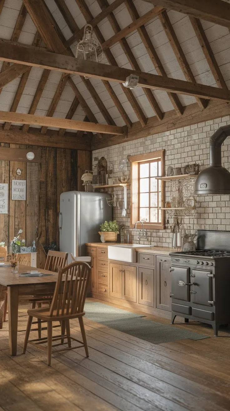 This farmhouse kitchen beautifully blends rustic charm with modern comfort, featuring exposed beams and vintage elements that invite cherished gatherings.