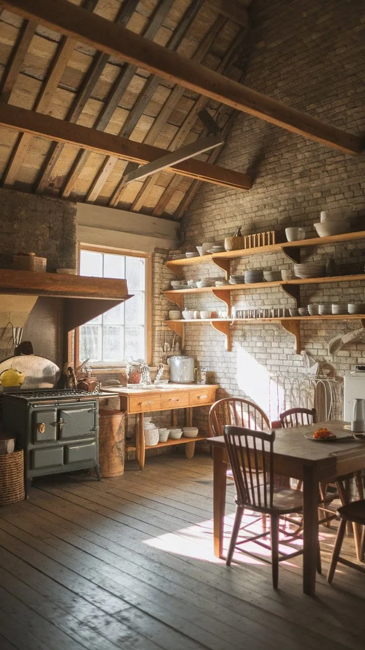 Bathed in sunlight, this rustic farmhouse kitchen, with its aged wood and vintage stove, exudes warmth and timeless charm, echoing stories of generations past.