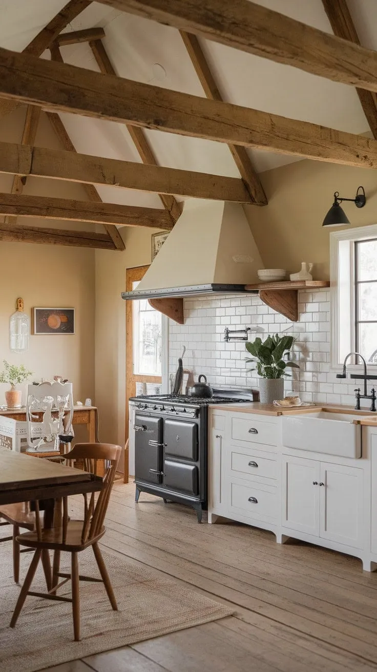 In this rustic farmhouse kitchen, aged wood beams and a vintage stove weave stories of the past, while white cabinetry and a farmhouse sink embody a timeless charm that invites warmth and comfort.