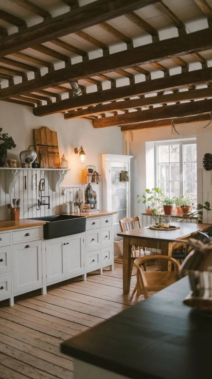 Sunlight bathes the rustic farmhouse kitchen in warmth, where aged beams and inviting decor set the stage for cherished gatherings.