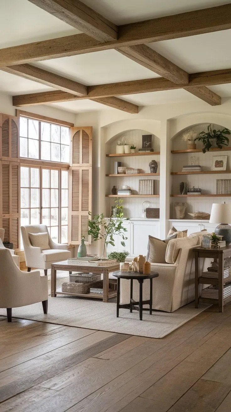 In this farmhouse living room, rustic beams and wooden floors harmonize with a beige sofa and modern décor, creating a cozy yet stylish retreat.