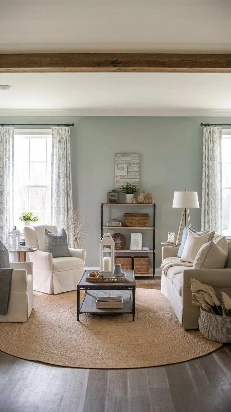In this light-filled living room, rustic charm and modern comfort harmoniously unite, featuring airy blue walls and a cozy beige sofa that evoke warmth and tranquility.