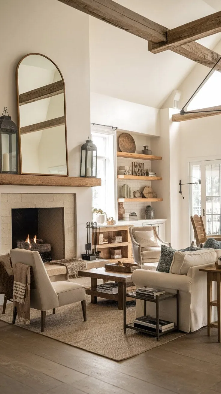 This farmhouse living room masterfully combines rustic charm with modern elegance, creating a cozy sanctuary that celebrates simplicity and style.