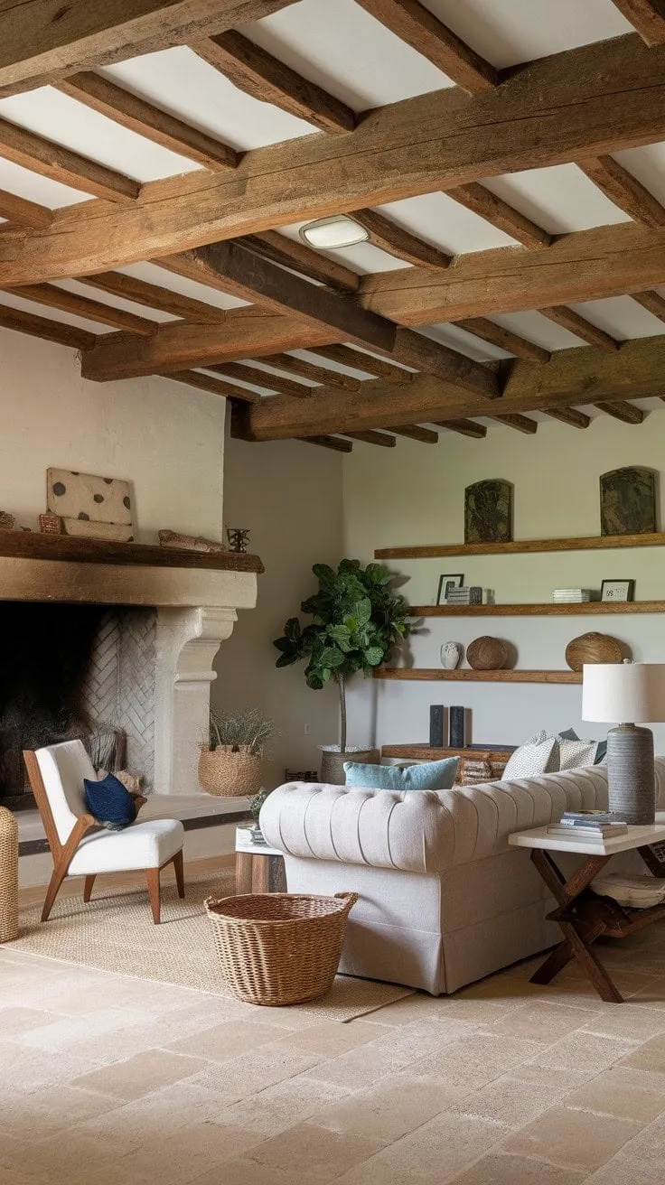 This living room masterfully fuses rustic charm with modern elegance, creating an inviting yet sophisticated atmosphere.