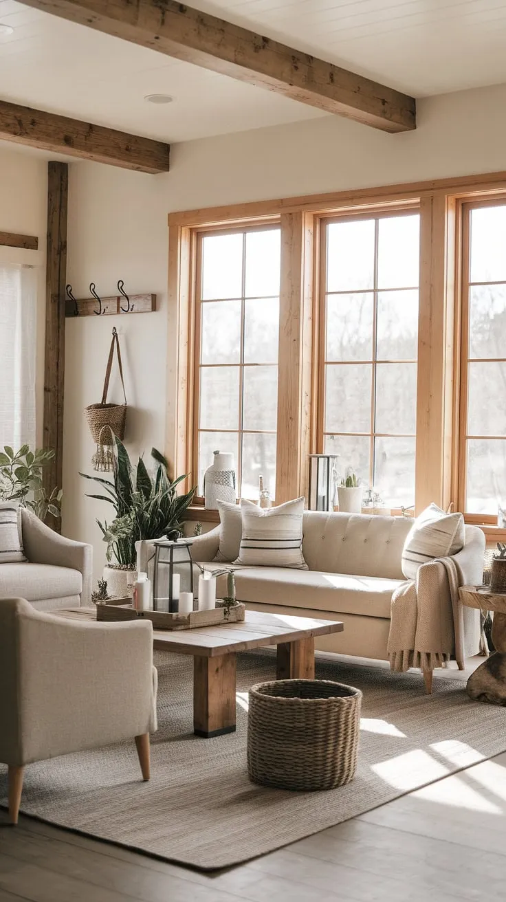 This modern rustic farmhouse living room features a cozy beige sofa, wooden accents, and natural light, perfectly blending rustic farmhouse decor with modern farmhouse style for an inviting farmhouse aesthetic.