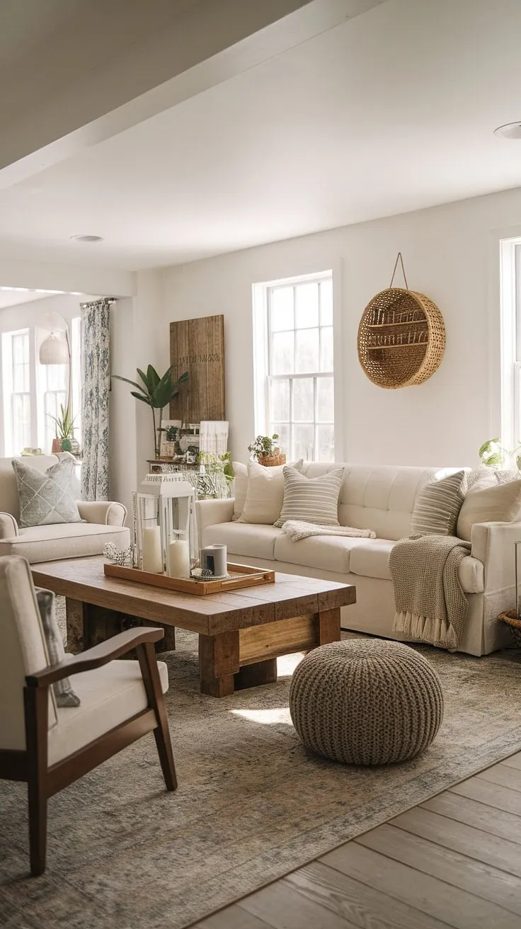 With its white walls, inviting furniture, and carefully curated rustic home decor, this modern farmhouse living room exemplifies cozy farmhouse living and offers inspiring farmhouse living room ideas.