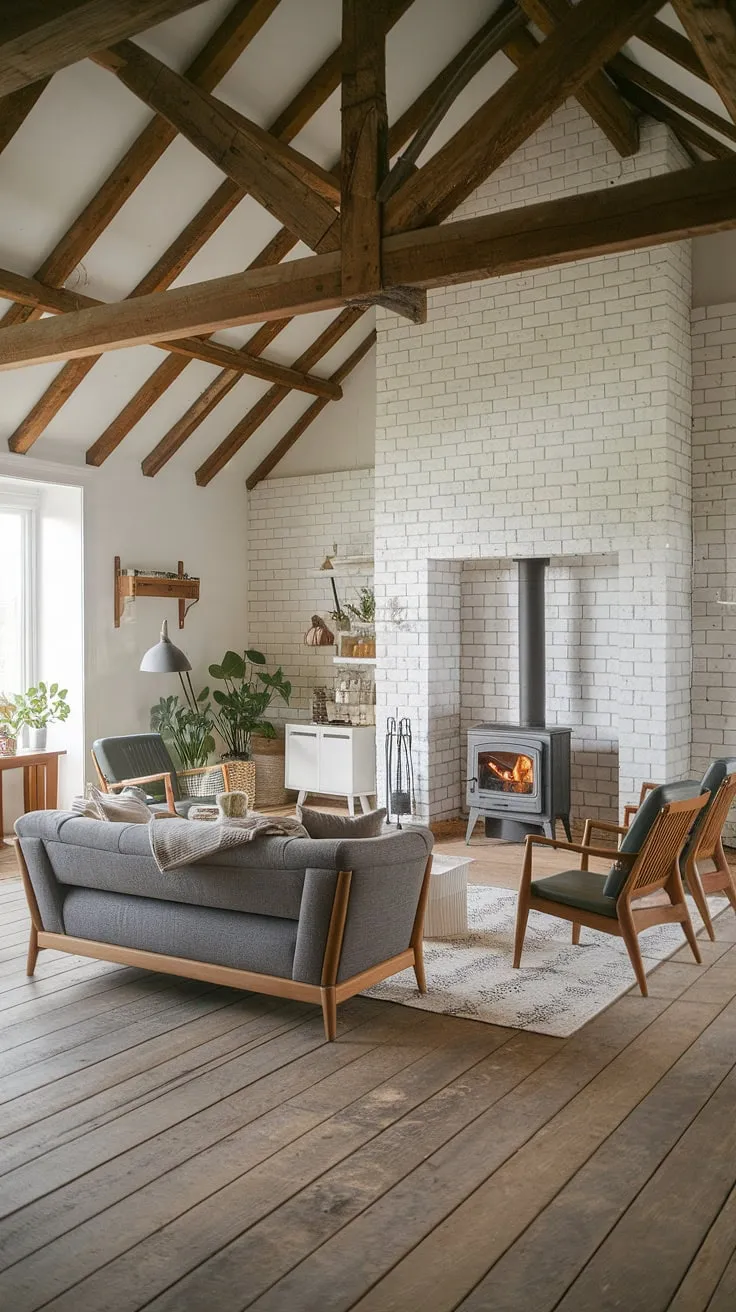 This rustic farmhouse living room beautifully blends modern farmhouse style with cozy farmhouse living, featuring a wooden beam ceiling, white brick wall, and inviting decor.