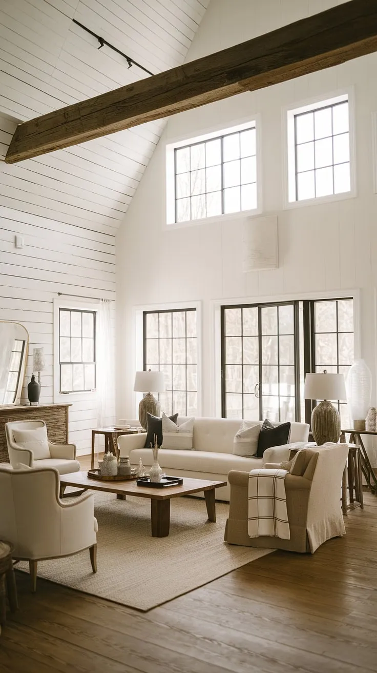 This modern rustic living room beautifully blends rustic farmhouse decor with modern farmhouse style, featuring high ceilings, large windows, and cozy furnishings that enhance the farmhouse aesthetic.