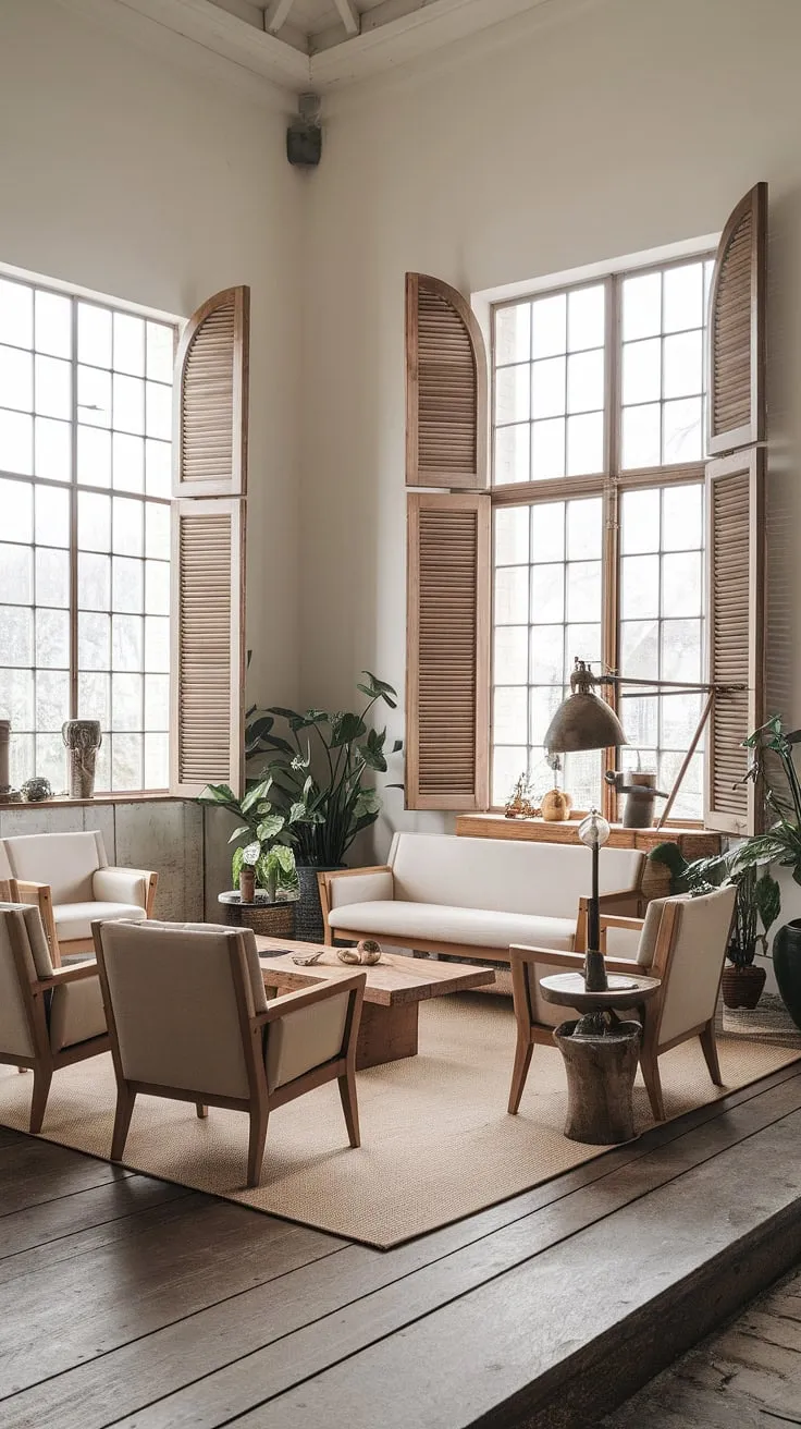 This modern rustic living room showcases a cozy farmhouse aesthetic with high ceilings, large windows, and rustic farmhouse decor, blending comfort and style effortlessly.