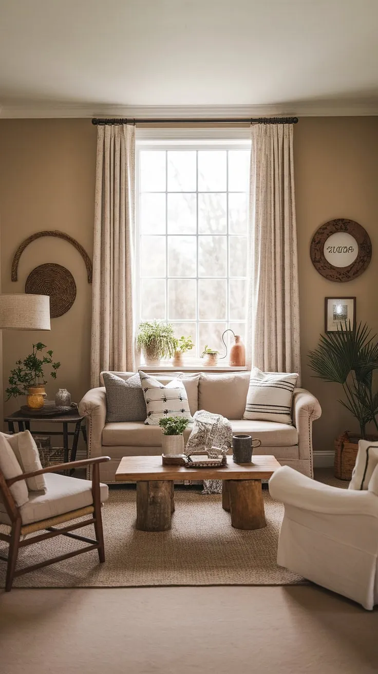 This cozy rustic farmhouse living room beautifully blends modern farmhouse style with rustic home decor, featuring a beige couch, wooden coffee table, and potted plants that enhance the farmhouse aesthetic.