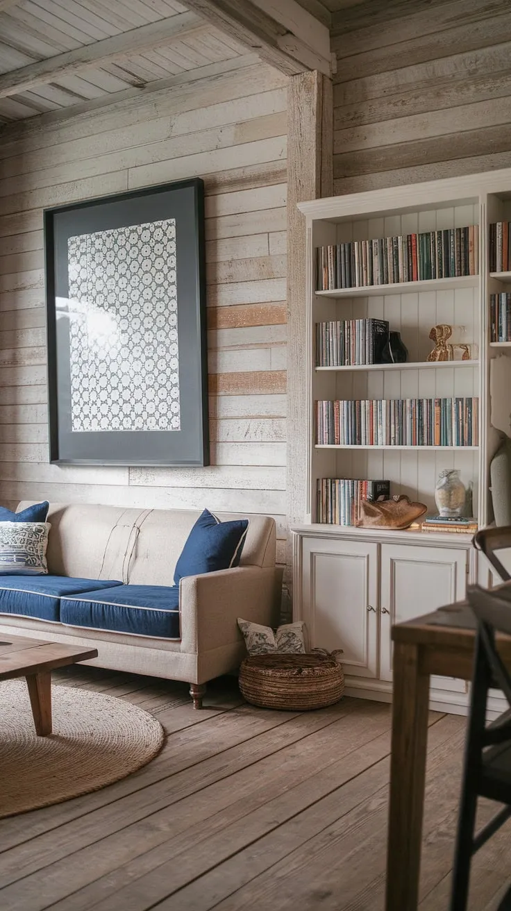 With its inviting beige sofa, decorative pillows, and a stylish wooden coffee table, this modern rustic living room showcases the perfect harmony of farmhouse interior design and cozy farmhouse living.