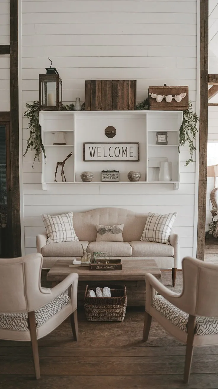 This modern rustic living room beautifully blends rustic farmhouse decor with modern farmhouse style, featuring a cozy beige sofa, patterned chairs, and charming decorative accents that enhance the farmhouse aesthetic.