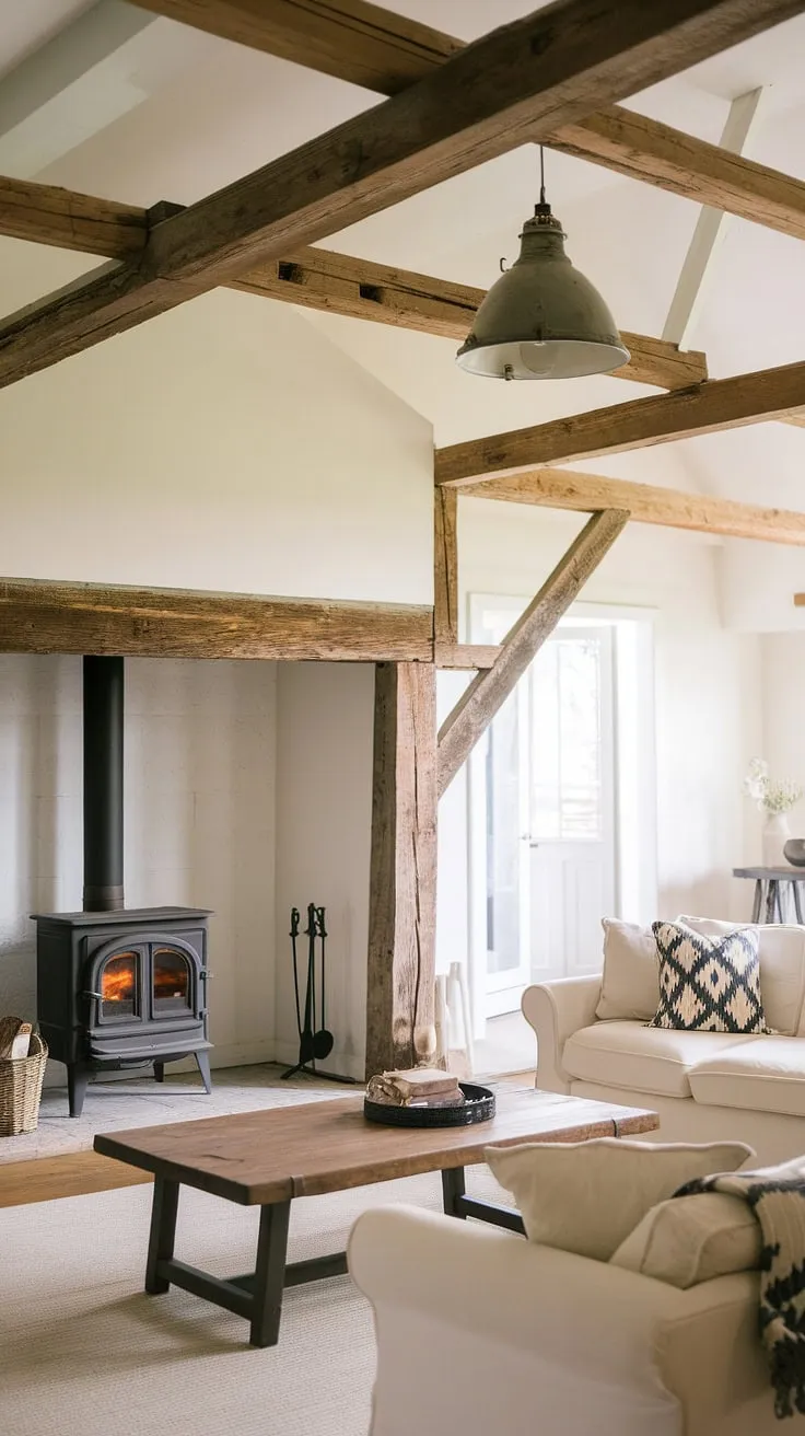 With its white walls and vintage pendant light, this modern rustic living room showcases farmhouse interior design that inspires warm and inviting living.