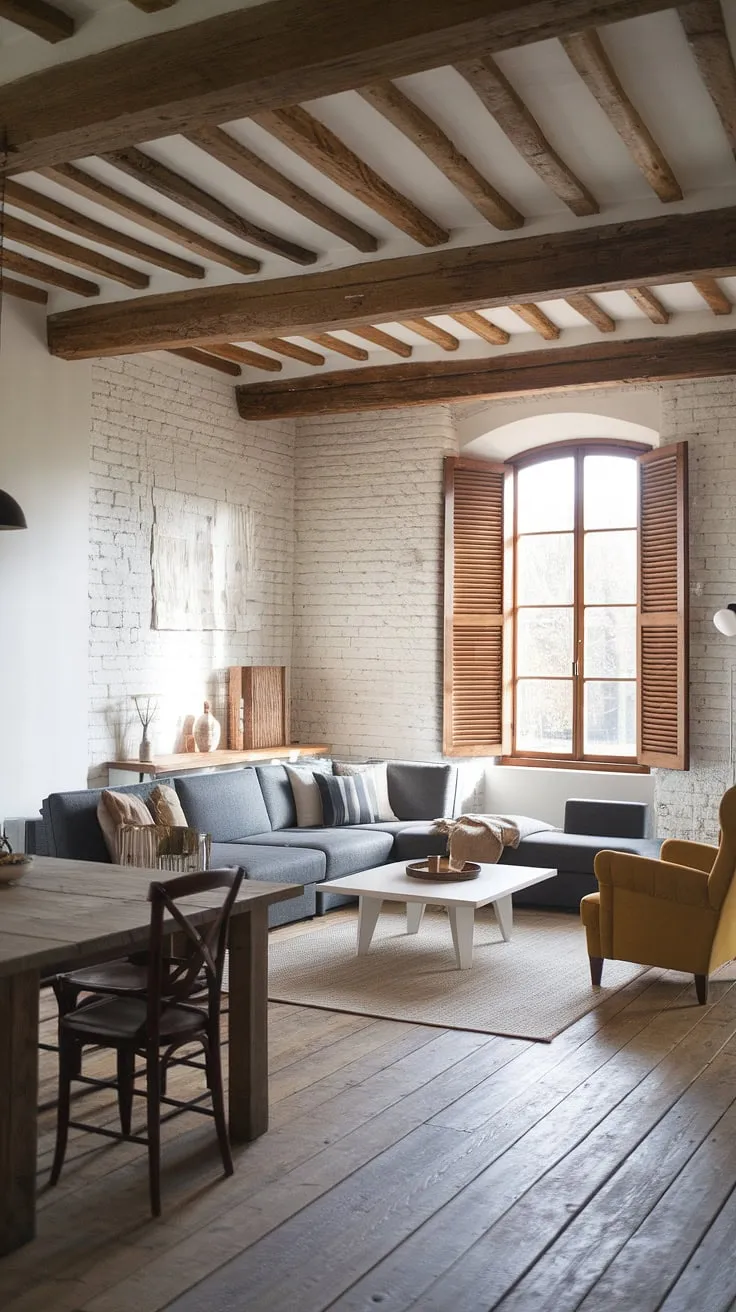 With its rustic wooden beams, white brick accents, and a mix of modern furniture, this farmhouse living room idea captures the essence of cozy farmhouse living and modern rustic charm.