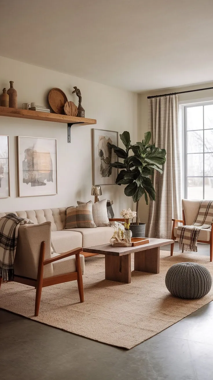 With its charming wooden elements, plush seating, and stylish decor, this modern rustic living room captures the essence of cozy farmhouse living and inspires farmhouse interior design ideas.