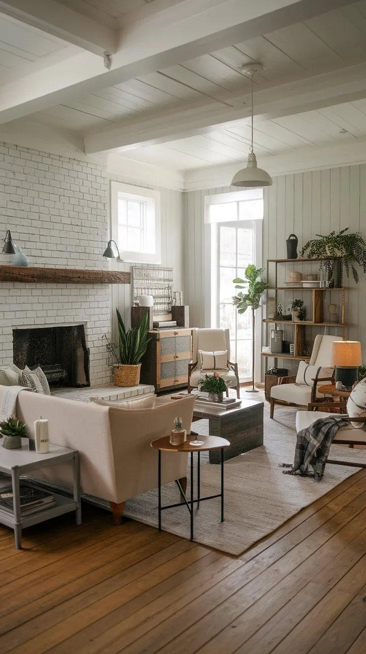 This rustic farmhouse living room beautifully blends modern farmhouse style with cozy rustic decor, featuring a beige couch, wooden accents, and a charming white brick fireplace.