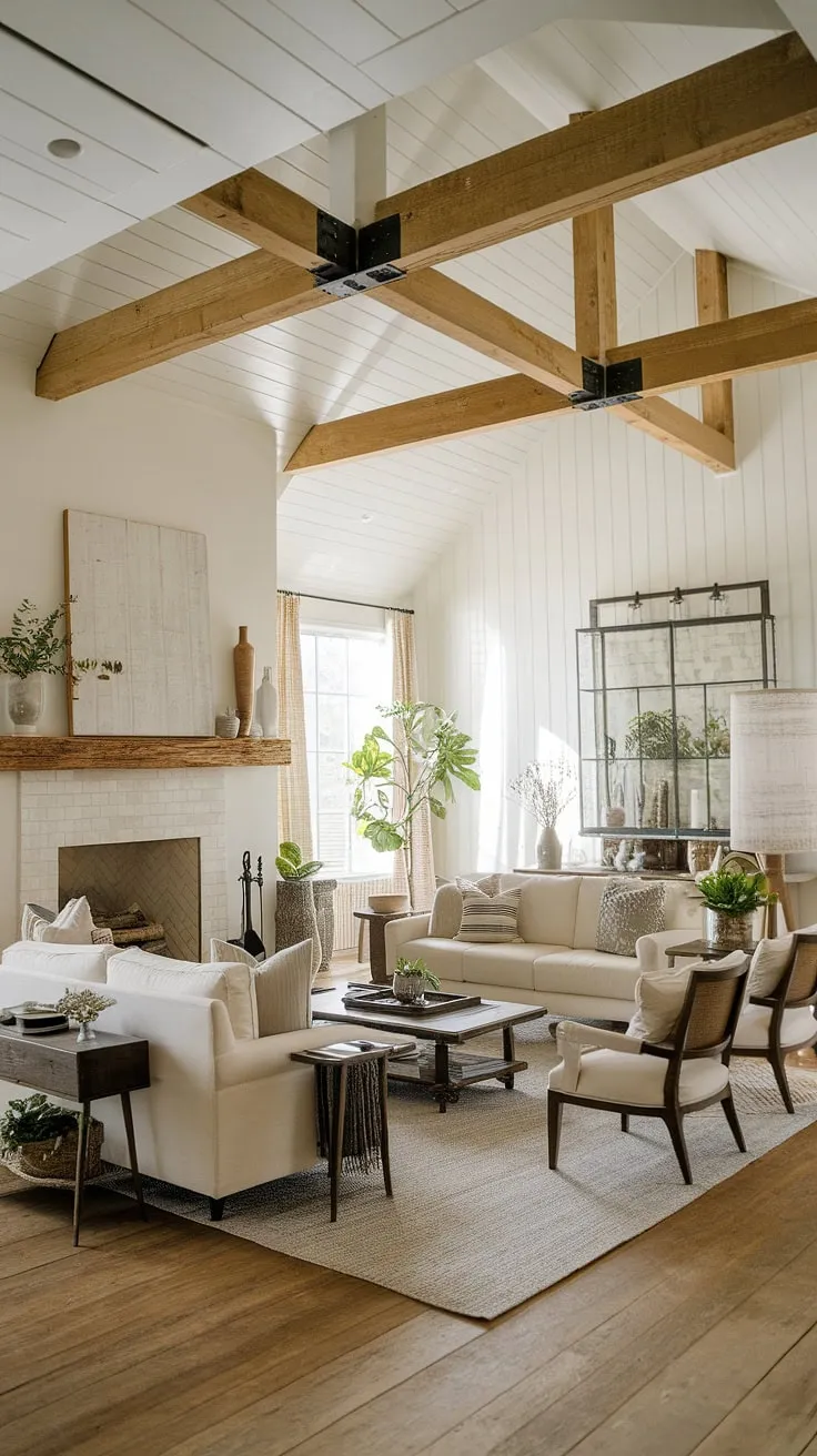 With its white walls, beige sofa, and decorative accents, this inviting space exemplifies farmhouse interior design and offers inspiring farmhouse living room ideas for a warm and stylish atmosphere.