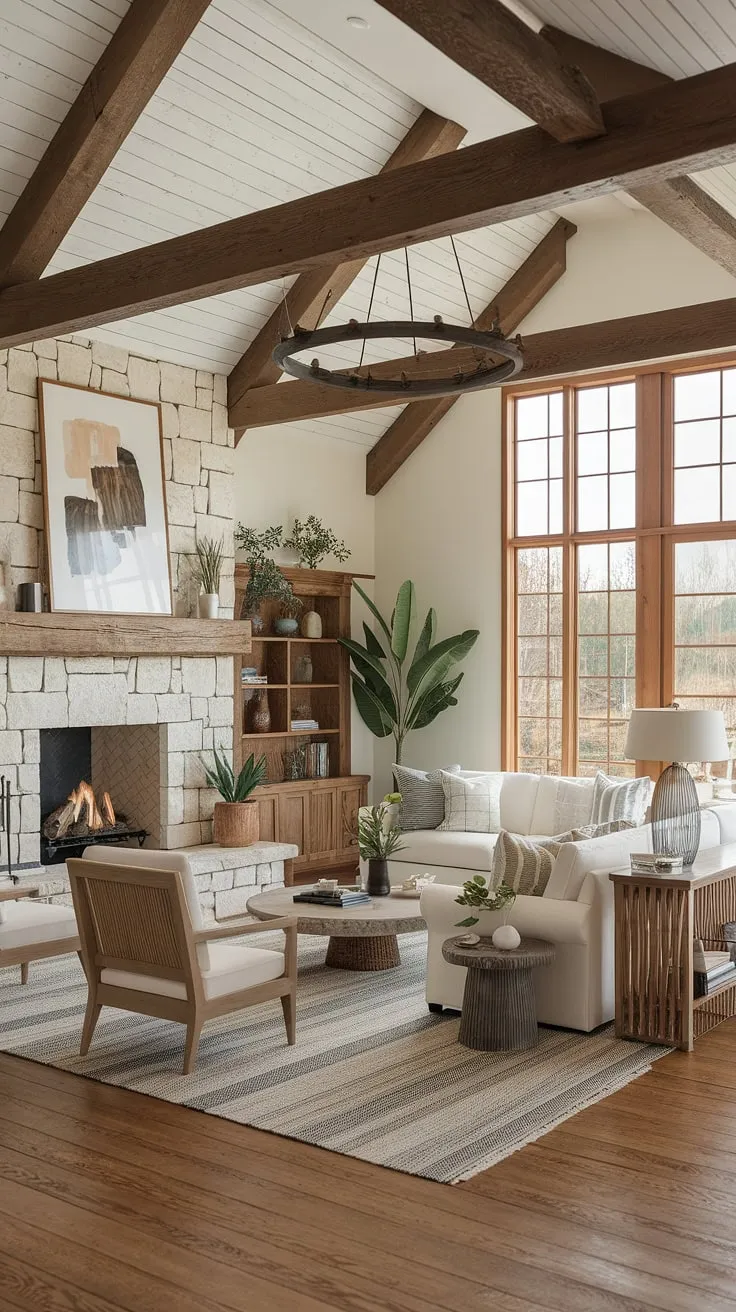 This rustic farmhouse living room blends modern farmhouse style with cozy rustic decor, featuring a wooden beam ceiling, stone fireplace, and nature views.