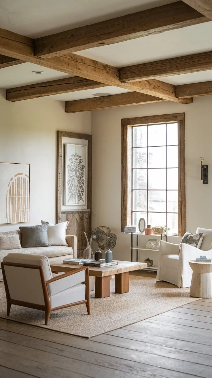 This rustic farmhouse living room beautifully blends modern farmhouse style with cozy rustic decor, featuring a wooden beam ceiling, beige furnishings, and a warm wooden floor.