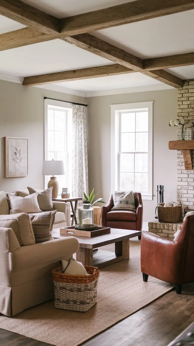 With its light gray walls and inviting elements, this modern rustic living room showcases farmhouse interior design ideas that create a warm and welcoming farmhouse aesthetic.